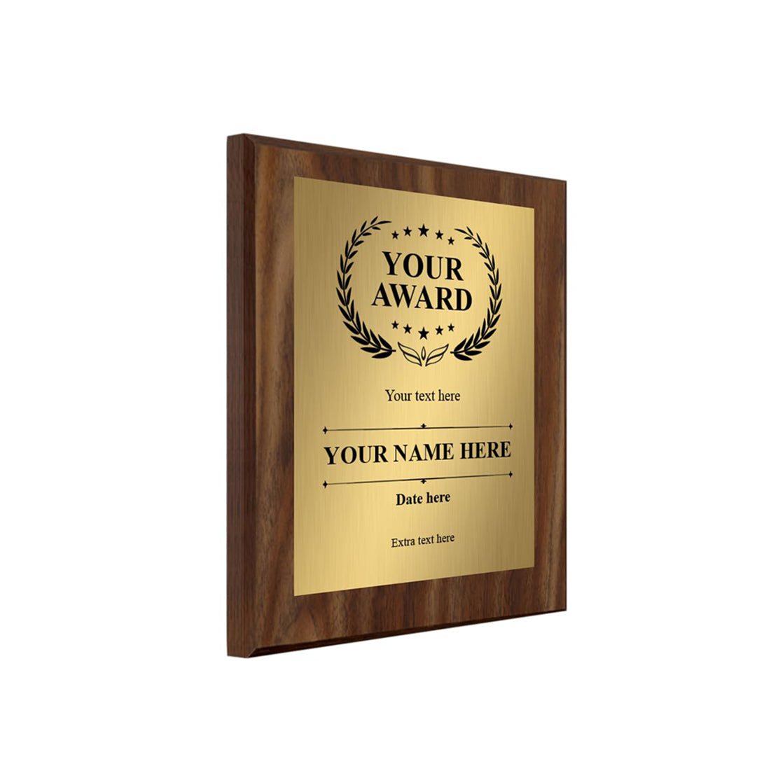 Personalized award plaque with wooden frame and gold background