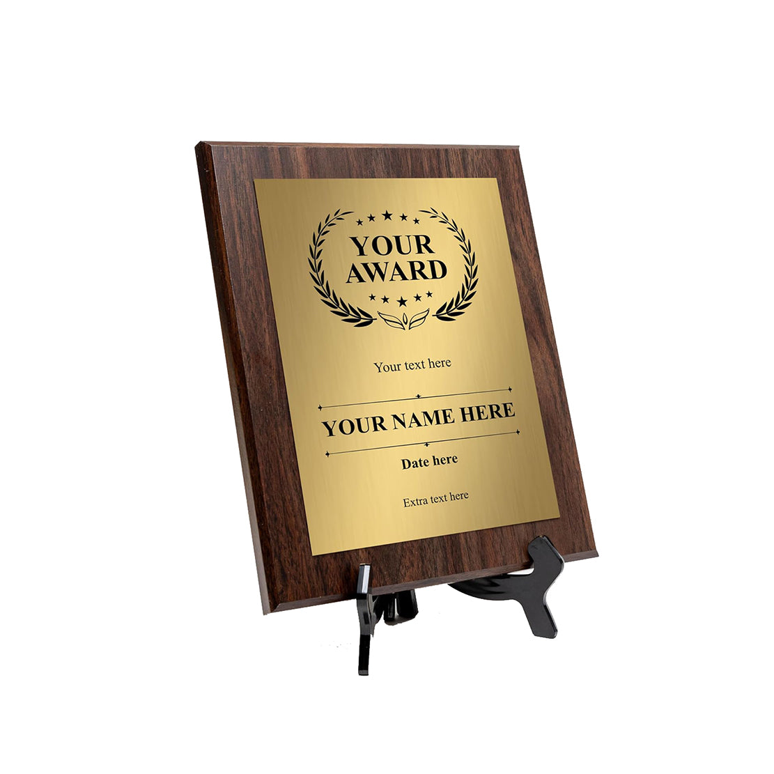Personalizable award plaque with wooden frame and stand 