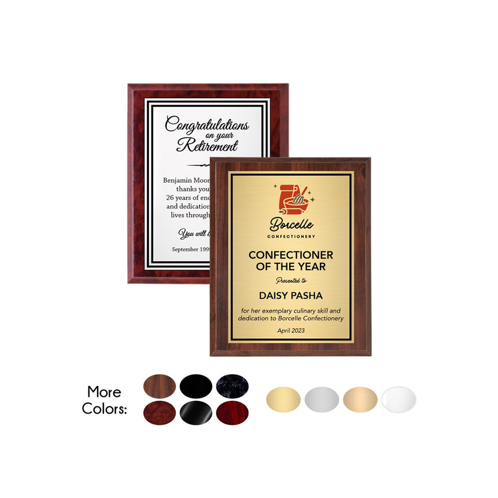 Two framed certificates with different designs on a white background, featuring color swatches for frame options.
