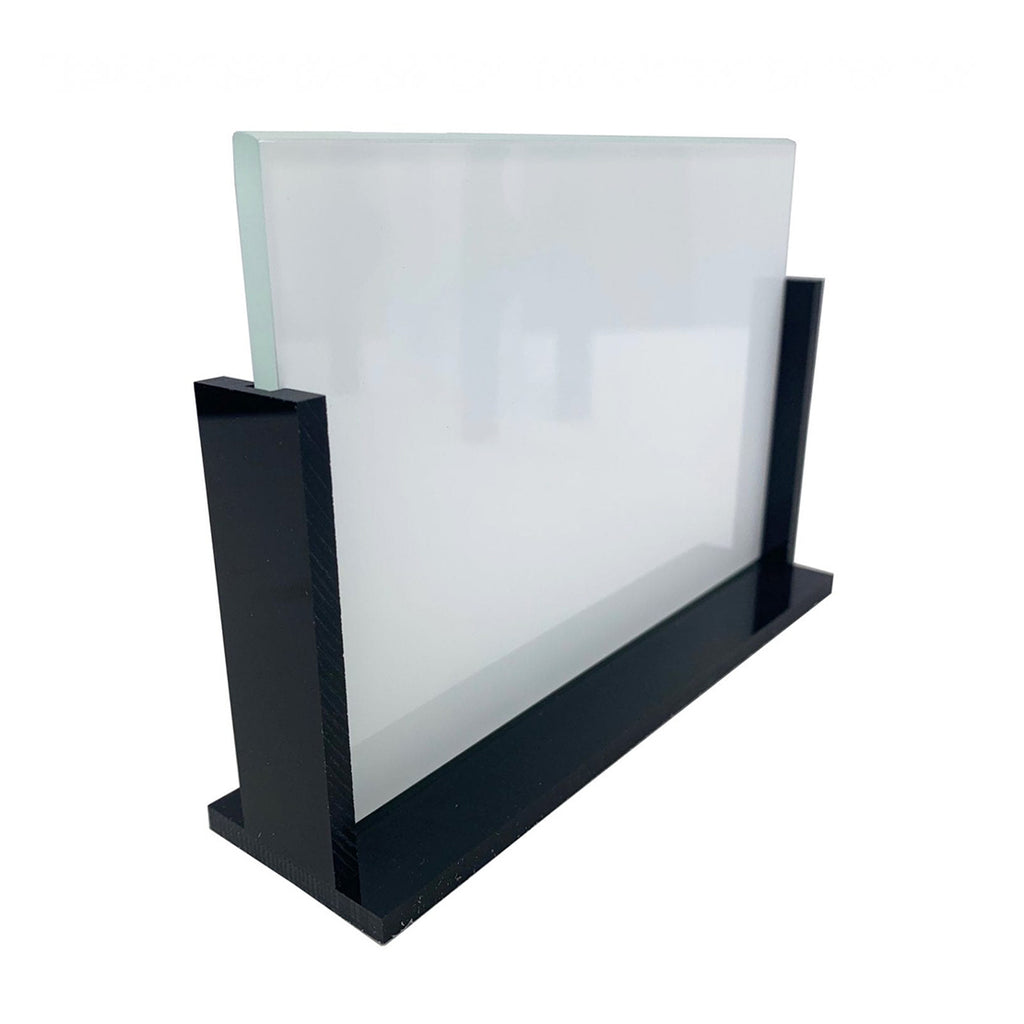 Black display acrylic stand with a glass frame for personalized printing