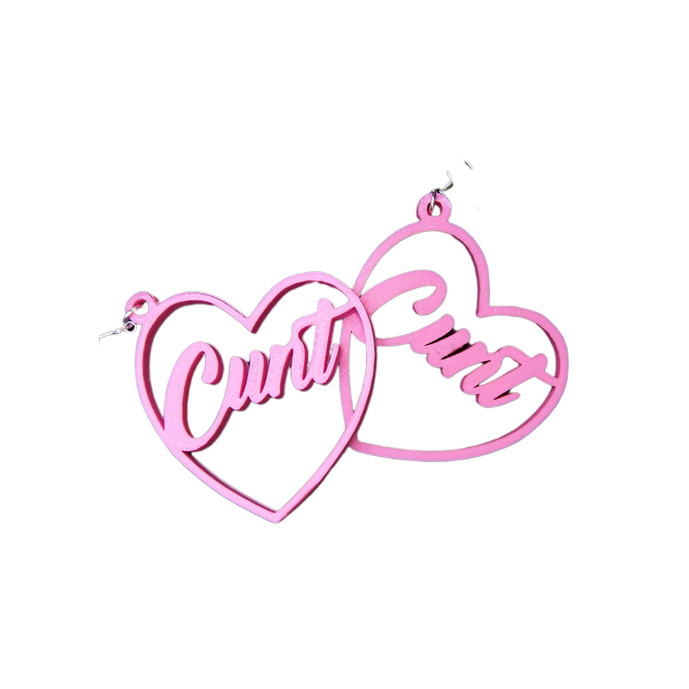 3D Printing Earrings Pink heart-shaped earrings with 'Cute' text 