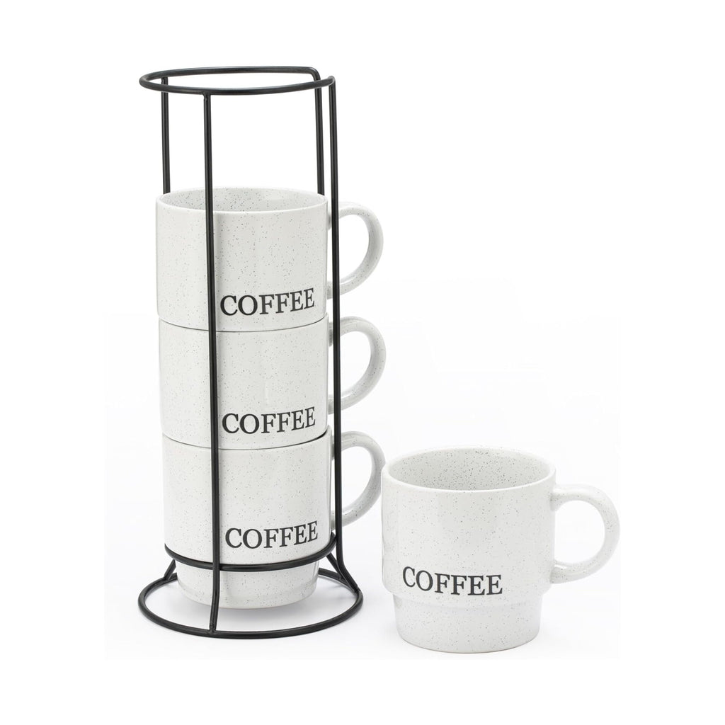 4oz Set of white mugs with 'COFFEE' text in a black metal stand on a white background