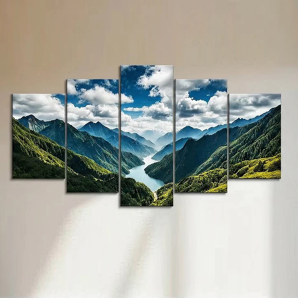 Five-panel canvas wall art of a mountain landscape with a river.