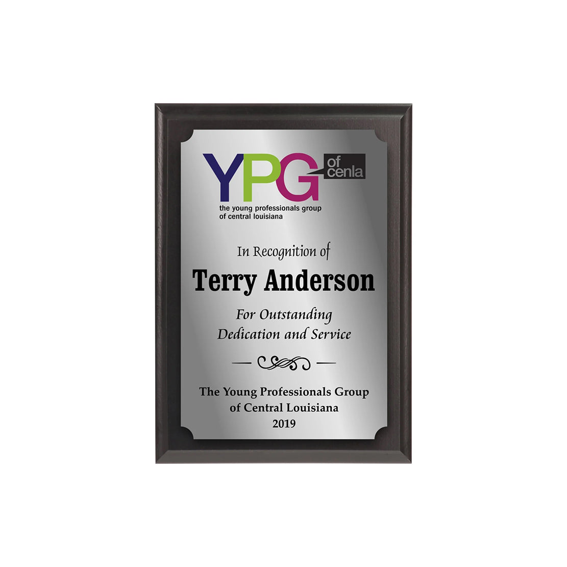 Plaque recognizing Terry Anderson for outstanding dedication and service by YPG of Central Louisiana