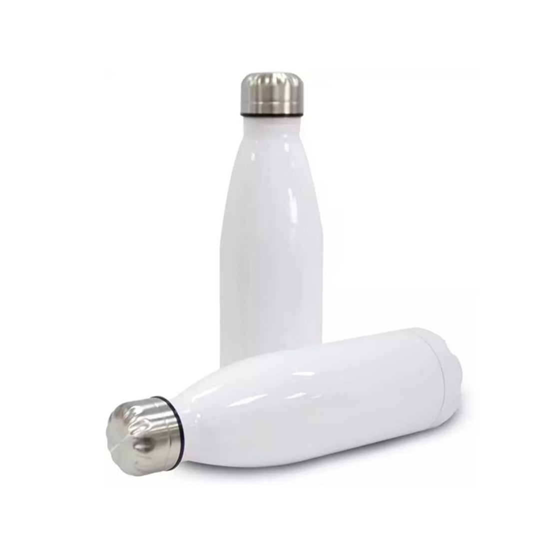 Two white insulated bottles with silver caps for custom printing