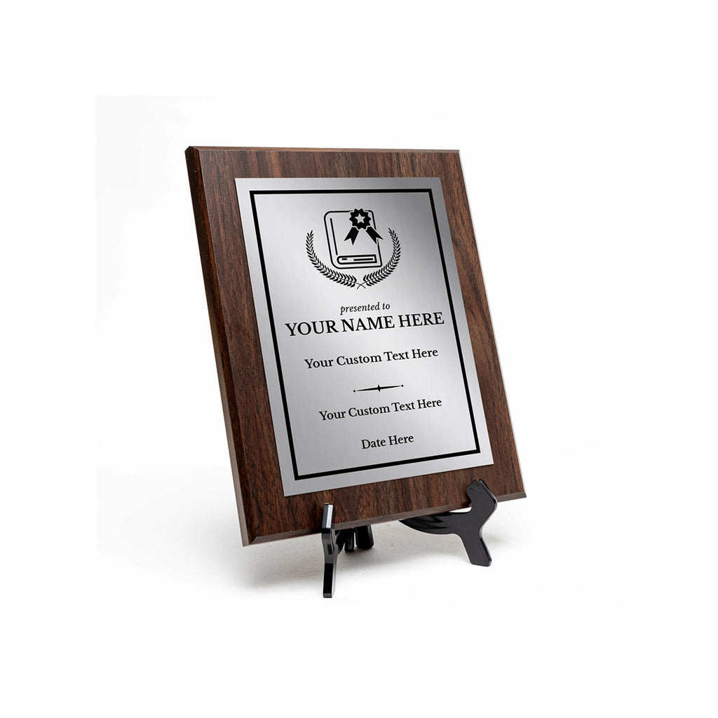 Wooden frame with customizable text printed on metal plaque