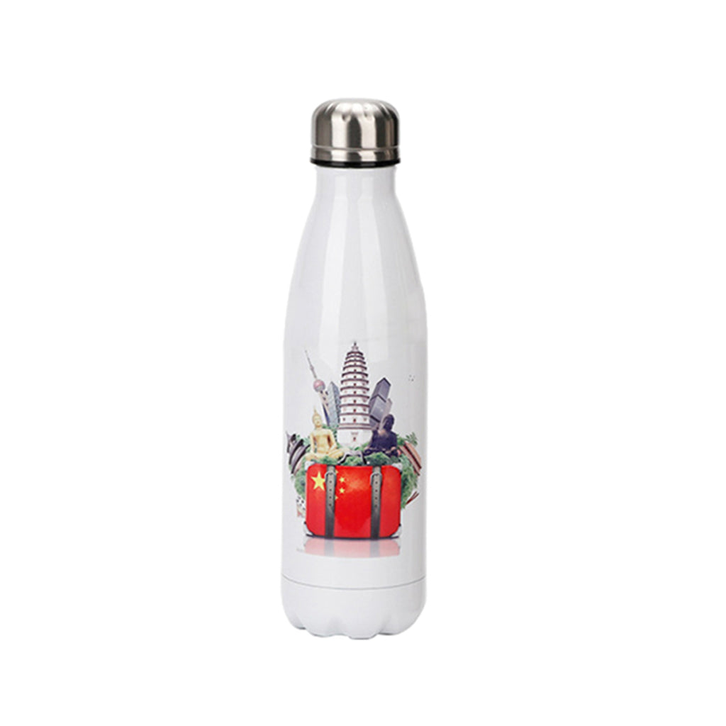 White water bottle with a design of a suitcase and travel-themed illustration on a white background