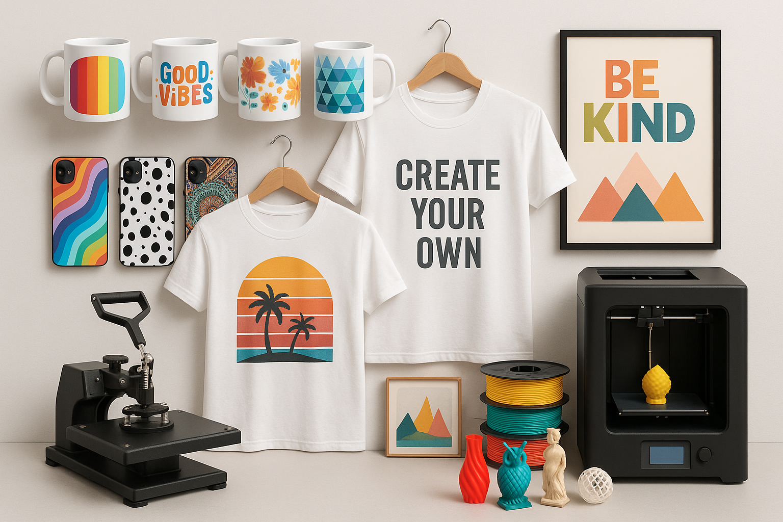 An Image Of Sublimation Mugs, Phone covers, T-shirts, Posters, Heater Press Machine for sublimation and 3D Printer With Filaments and 3D Printed objects, Size  portrait  