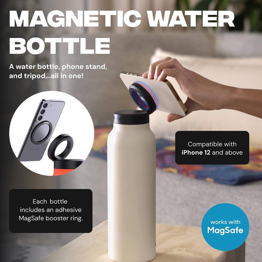 Magnetic water bottle with phone stand and tripod functions, shown with a smartphone and adhesive ring.