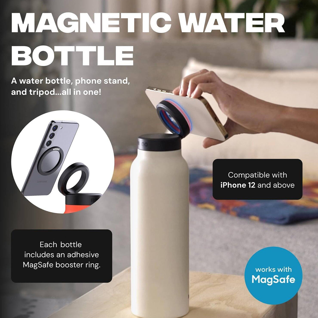 Magnetic water bottle with phone stand and tripod functions, shown with a smartphone and adhesive ring.