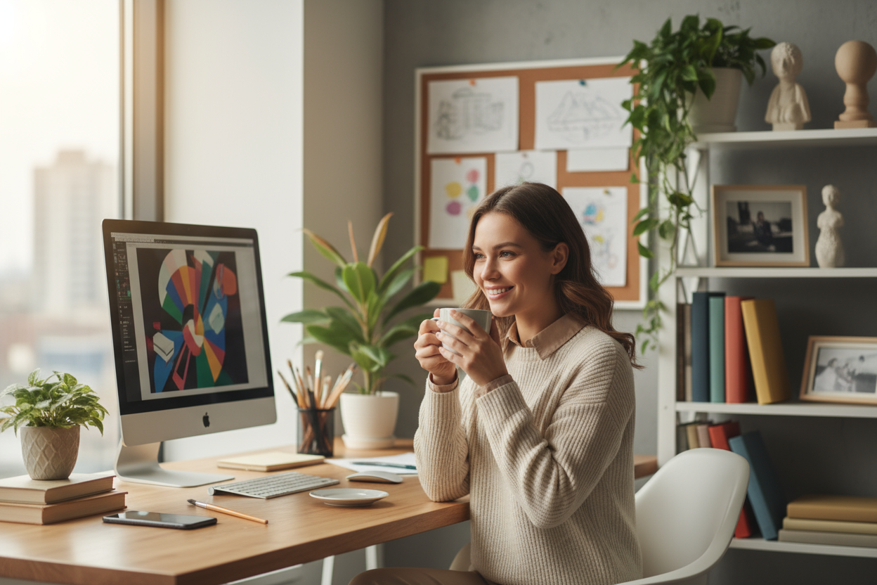 Create an image of a sweet woman drinking a coffee mug in the office studio 