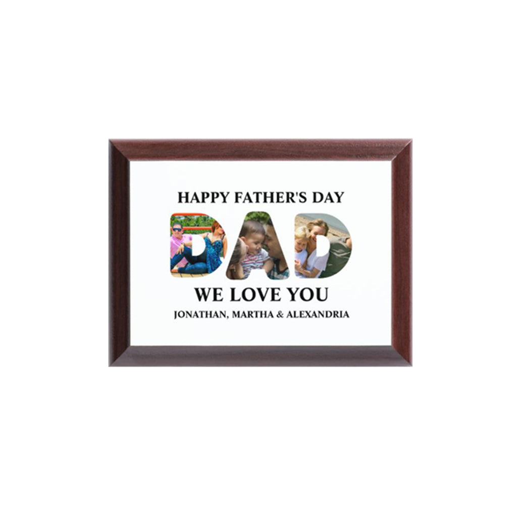 Framed Father's Day card with 'DAD' made of photos of a man and children