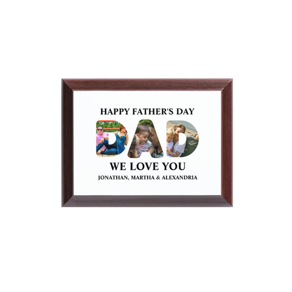 Framed Father's Day card with 'DAD' made of photos of a man and children