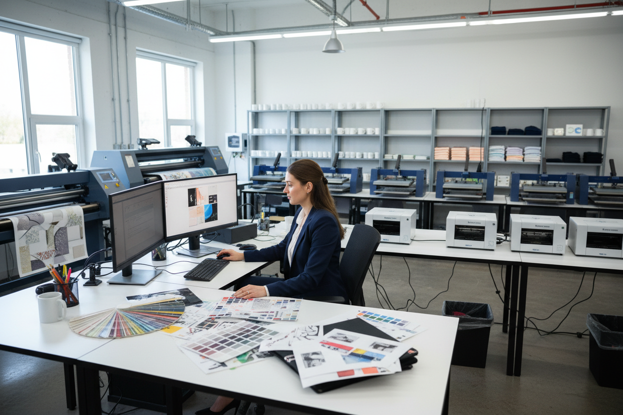 Generate an image of a female employee sitting in a studio for printing and sublimation products 