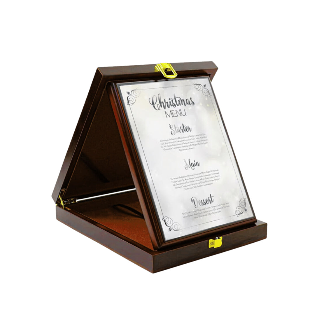 Wooden award stand with a Christmas menu printed on metal plaque