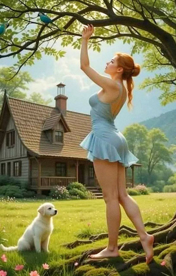 Canvas prints of a woman in a light blue dress standing on a tree branch with a dog below, in a scenic outdoor setting.
