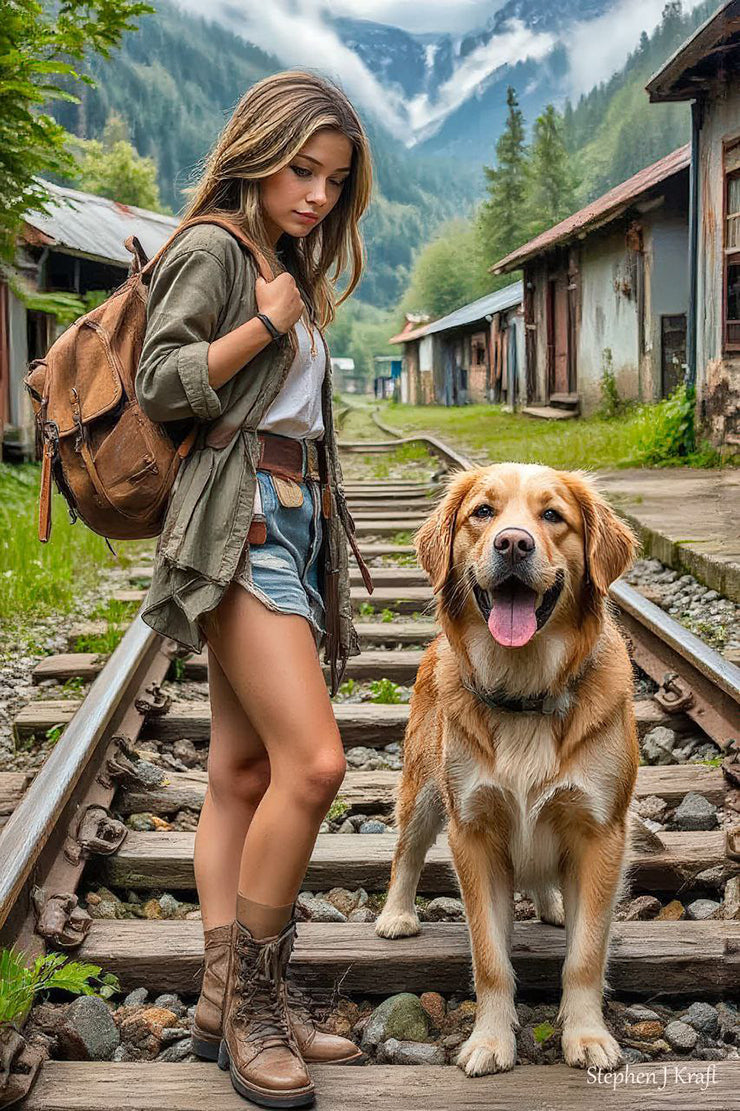 Canvas prints of a woman with a backpack and dog on train tracks with mountains in the background