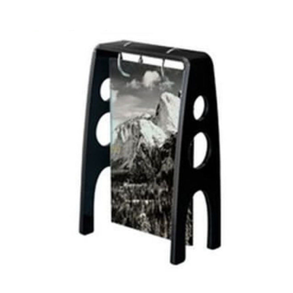Black folding stool with a printed design