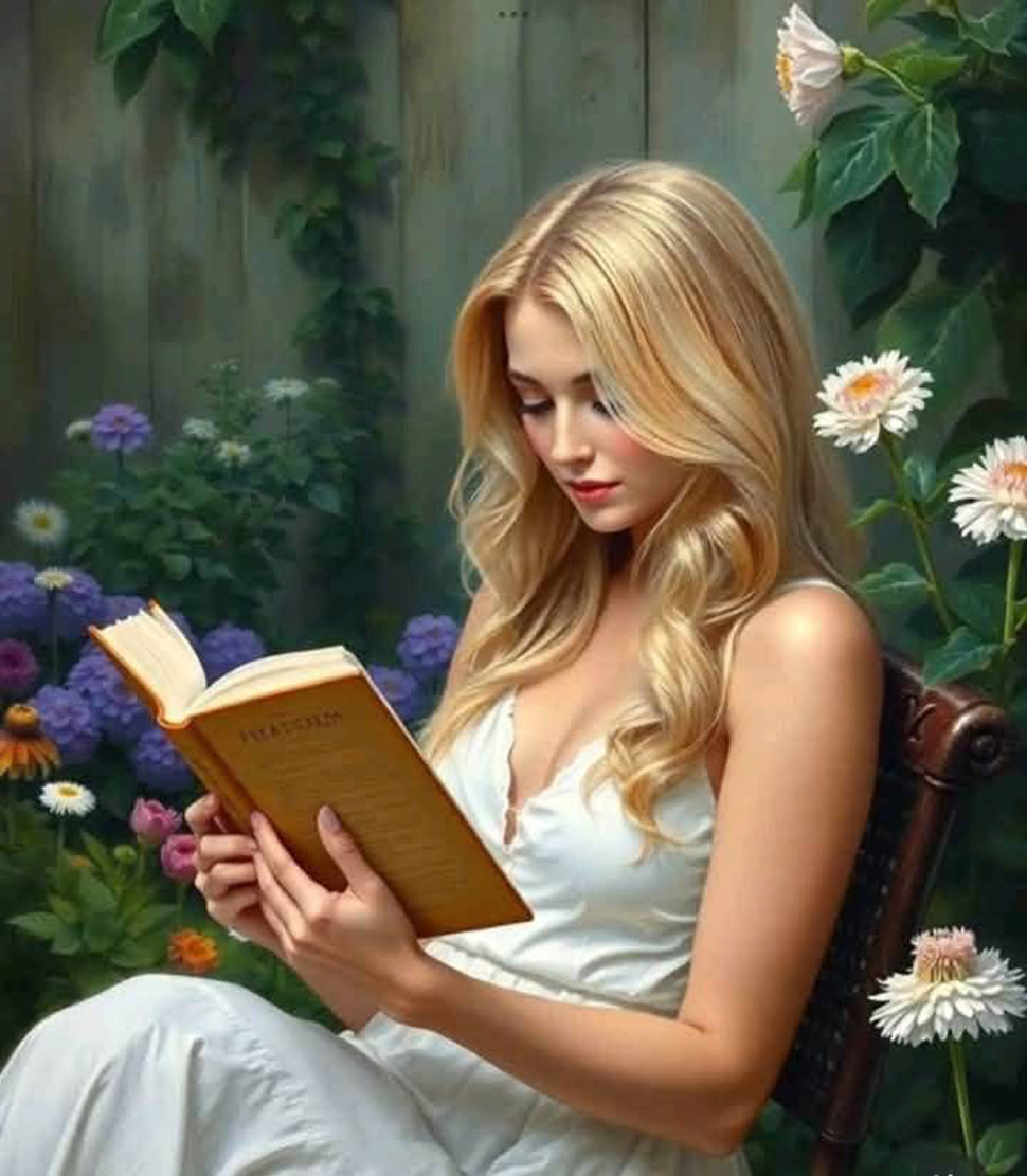 Canvas of a Woman reading a book in a garden setting