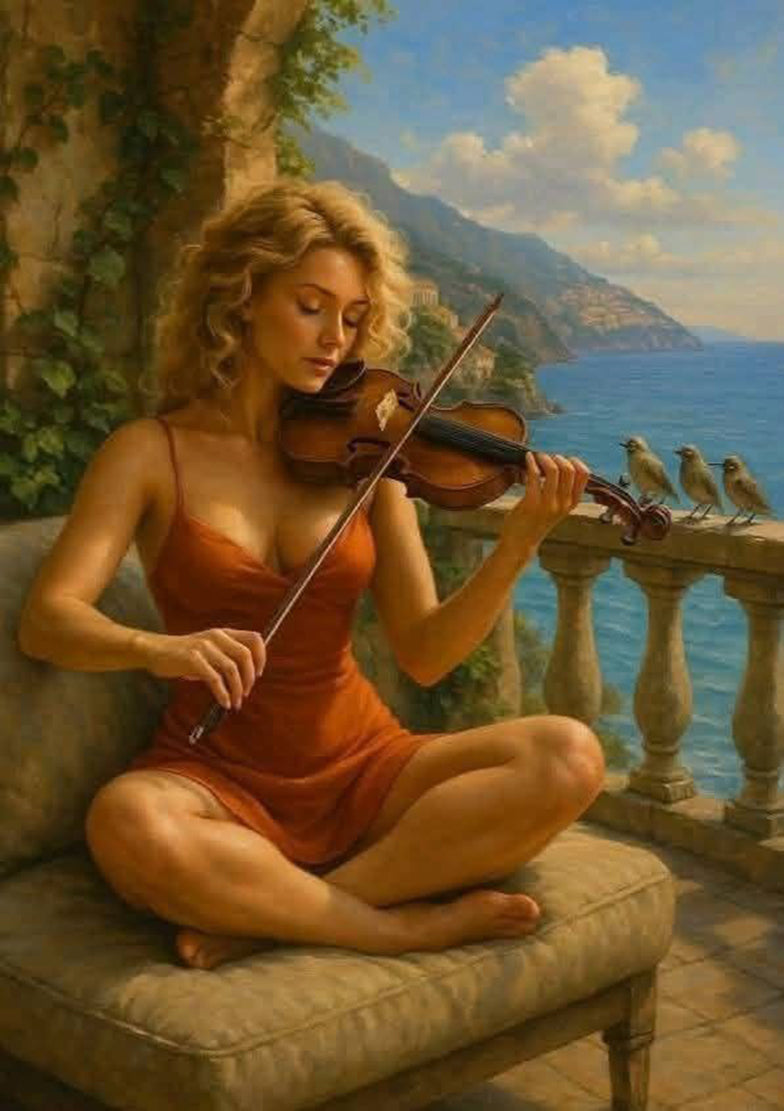 Canvas prints of a Woman playing violin on a balcony with a scenic ocean view
