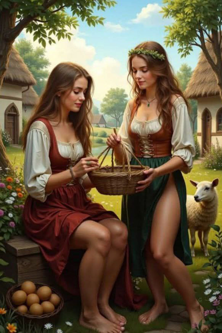 Canvas printing of Two women in medieval attire sitting outdoors with a basket and eggs, surrounded by sheep and village houses.